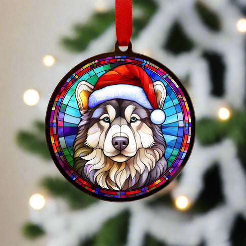 Alaskan Malamute in Santa Hat Suncatcher Decoration